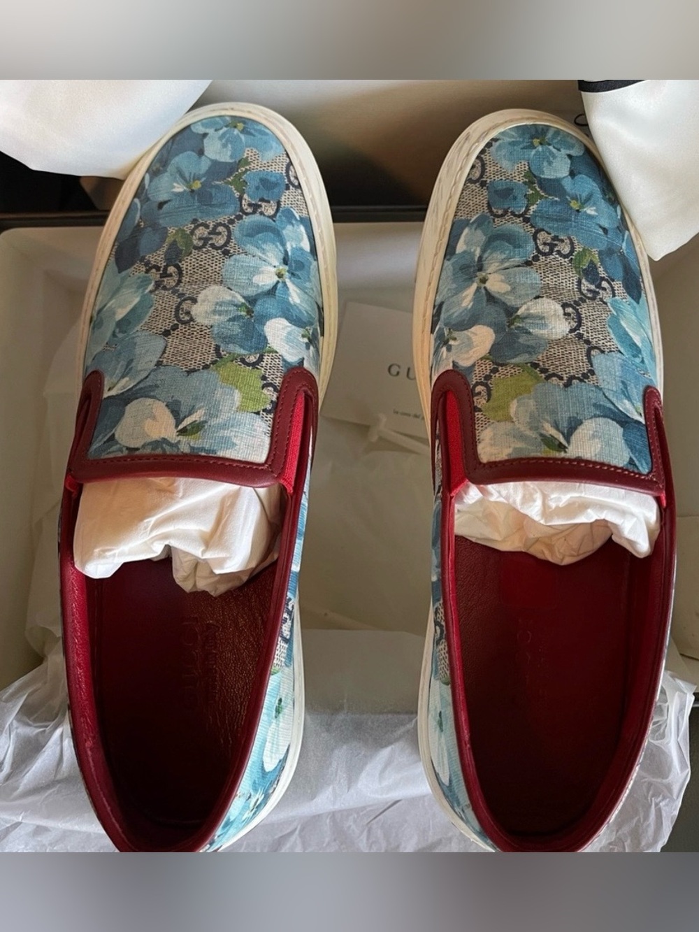 Gucci Blue Floral GG Canvas Slip-On Sneakers with Red Trim - Picture 1 of 9